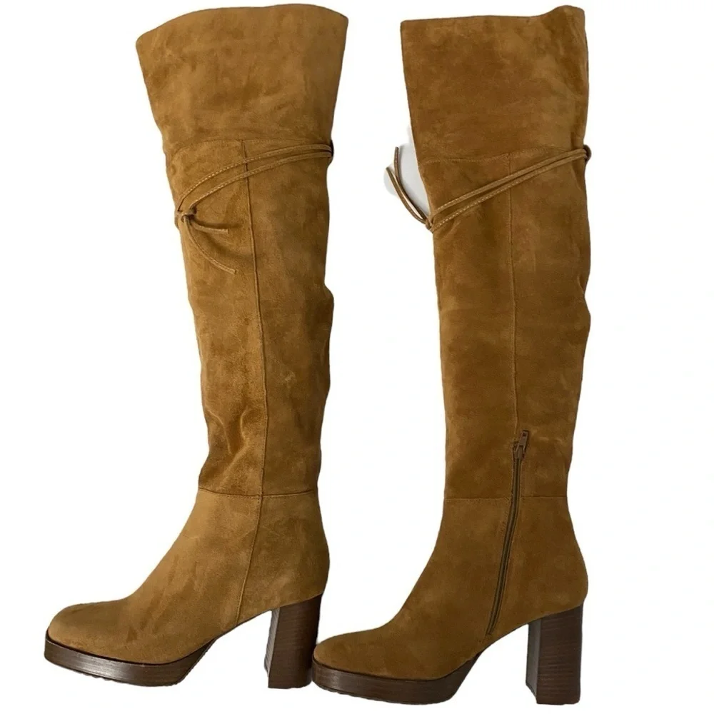 NWT FREE PEOPLE Suede Echo Platform Over The Knee Boots in Cognac